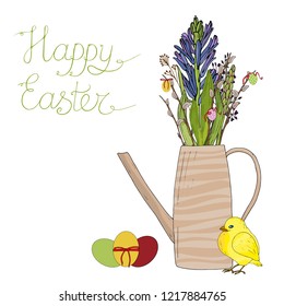Easter composition of flowers of hyacinth, willow, eggs, chicken in a floral striped watering can. Happy easter card.