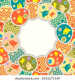 Easter composition with interwoven silhouettes of painted eggs, round frame.