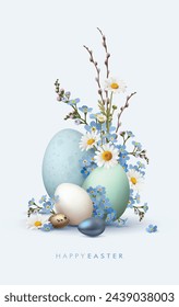 Easter composition made of pastel colored Easter eggs and bouquet of spring flowers.