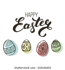 Easter composition with modern lettering and pysanka eggs.