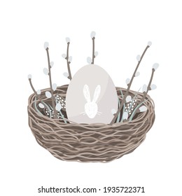 Easter composition with a nest, an egg, and pussy willow branches. Scandinavian style spring decoration, vector illustration isolated on white background.