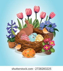  Composição de Páscoa com um ninho, ovos, um coelho de chocolate e flores. Cartão de Páscoa. Um ninho com ovos azuis e muitas flores. Ilustração vetorial desenhada à mão.