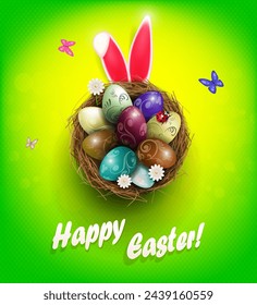 Easter composition with nest and eggs, rabbit ears.