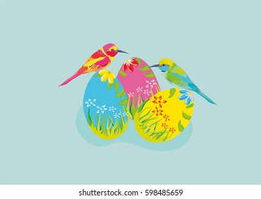 Easter composition. Painted eggs and bright birds on a blue background. Vector illustration. Spring. Greeting card.