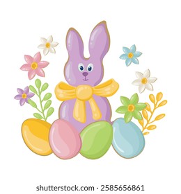 Easter composition with a rabbit, colorful eggs and spring flowers for a postcard. Template for designing Easter greetings. Vector background for celebration and invitation to a traditional holiday.