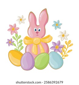 Easter composition with a rabbit, colorful eggs and spring flowers for a postcard. Template for designing Easter greetings. Vector background for celebration and invitation to a traditional holiday.