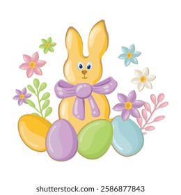 Easter composition with a rabbit, colorful eggs and spring flowers for a postcard. Template for designing Easter greetings. Vector background for celebration and invitation to a traditional holiday.