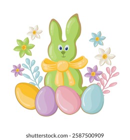 Easter composition with a rabbit, colorful eggs and spring flowers for a postcard. Template for designing Easter greetings. Vector background for celebration and invitation to a traditional holiday.