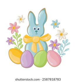 Easter composition with a rabbit, colorful eggs and spring flowers for a postcard. Template for designing Easter greetings. Vector background for celebration and invitation to a traditional holiday.