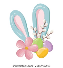 Easter composition with rabbit ears, colorful eggs, flowers and willow branch for a postcard. Picture for Easter greetings. Vector background for celebration and invitation to a traditional holiday.