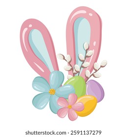 Easter composition with rabbit ears, colorful eggs, flowers and willow branch for a postcard. Picture for Easter greetings. Vector background for celebration and invitation to a traditional holiday.