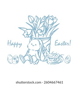 Easter composition with a rabbit, flowers and eggs. Ready template for a postcard, poster, invitation for Easter. Vector illustration.