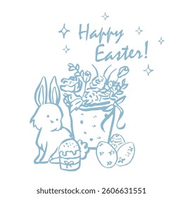 Easter composition with a rabbit, flowers and eggs. Ready template for a postcard, poster, invitation for Easter. Vector illustration.