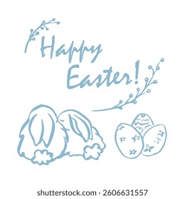 Easter composition with a rabbit, flowers and eggs. Ready template for a postcard, poster, invitation for Easter. Vector illustration.