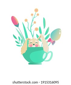 Easter composition with a rabbit, with a tea cup and spring flowers. Vector illustration isolated on a white background.For social media content, invitation, poster, picture in the interior,postcard.