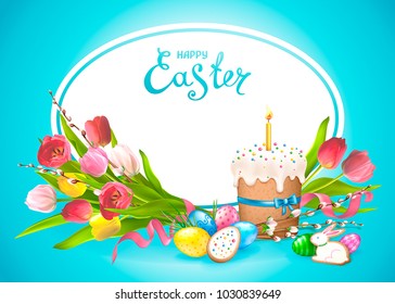 Easter composition with realistic eggs, cookies in the shape of eggs and Bunny and Easter cake with candle. Bouquet of flowers tulips with willow twigs. Inscription Happy Easter in a ellipse frame. 