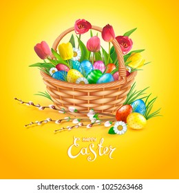 Easter composition with realistic glossy eggs in basket, willow twigs, flowers daisy and tulips. Inscription Happy Easter. Yellow background. Template for cards, banners, posters, calendars