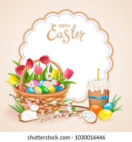 Easter composition with realistic glossy eggs and cookies in the form of eggs, chicken, Bunny, lamb in basket. Wllow twigs, easter cake with candle, flowers daisy and tulips. 