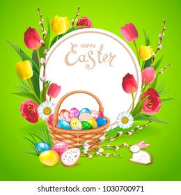 Easter composition with realistic glossy eggs and cookies in the form of eggs, chicken, Bunny, lamb in basket. Wllow twigs, flowers daisy and tulips. Inscription Happy Easter in round frame.