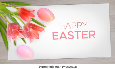 Easter composition with realistic pink tulips, Easter eggs on wood background. Easter background of spring flowers with paper card and inscription Happy Easter. Vector illustration