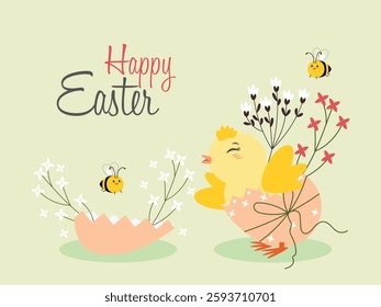 Easter composition with spring chicken bees and flowers. Easter card in flat vector style