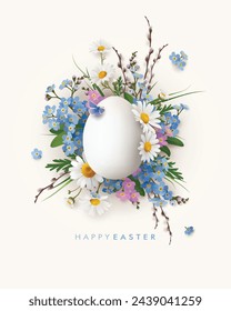 Easter composition with spring flowers, grass, and white egg