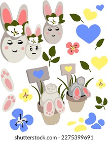 Easter composition with stylized gray rabbits and Ukrainian symbols