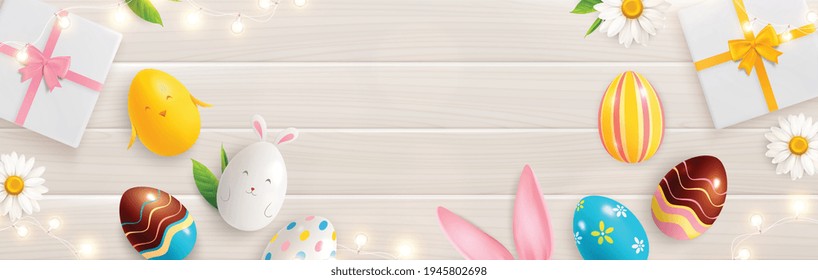 Composición de Semana Santa con vista superior de la mesa de madera con chispas cajas de regalo flores y huevos de colores ilustración vectorial