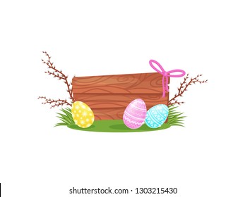 Easter composition with wooden board, painted eggs on green grass and pussy-willow branches.Flat vector design