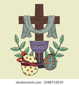 Easter composition with a wooden cross, draped cloth, chalice, decorated eggs, and greenery. Ideal for religious and spring holiday designs