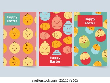 Concepto de composiciones de Pascua en el diseño plano de dibujos animados. Tres encantadoras tarjetas de Pascua, cada una con un diseño único, una tarjeta con pollos durmientes, una tarjeta con coloridos huevos de Pascua. Ilustración vectorial.