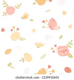 Easter compositions with eggs, flowers, plants. Spring seamless pattern. Vector illustration in pastel colors.