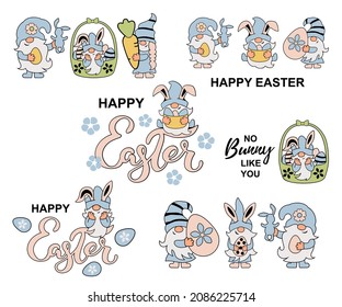 Easter compositions with handwritten texts and Gnomes with bunny ears and eggs on white background. Vector illustration set.