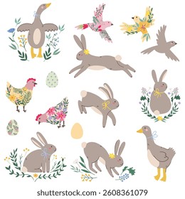 Easter compositions set. Hare and Easter eggs, traditional spring holiday. Religion and culture. Flowers and nature, chicken. Cartoon flat vector illustrations isolated	