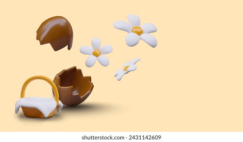 Easter concept in 3D style. White daisies, halves of chocolate egg, basket covered with napkin