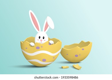 Easter concept background. Rabbit in Easter egg broken. 