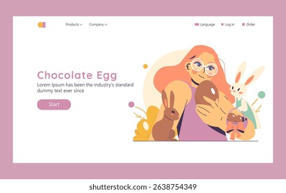 Easter concept. Cheerful girl celebrating Easter with chocolate eggs and rabbits, preparing for festive spring holiday event on decorative modern web landing page. Vector illustration.