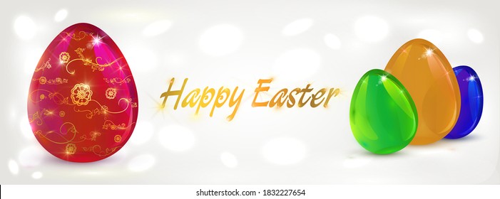 Easter concept. Colored glass Easter eggs. Golden text Happy Easter on light background with bokeh effect. Vector illustration for greeting card, poster, flyer.