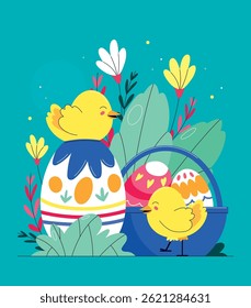 Concepto de Pascua con huevos coloridos y hermosas gallinas