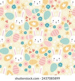 Easter concept with colourful eggs, cute bunnies and flowers. Seamless pattern. Great for textiles, banners, wallpapers, wrapping - vector design