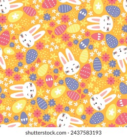 Easter concept with colourful eggs, cute bunnies and flowers. Seamless pattern. Great for textiles, banners, wallpapers, wrapping - vector design
