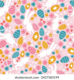 Easter concept with colourful eggs, cute bunnies and flowers. Seamless pattern. Great for textiles, banners, wallpapers, wrapping - vector design
