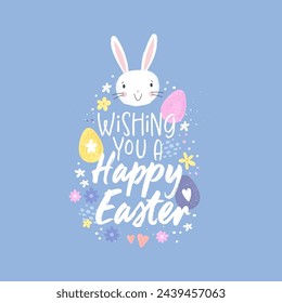 Concepto de Pascua con huevos de colores, conejitos lindos y flores. Patrón sin costuras. Ideal para textiles, banners, fondos de pantalla, envoltura - diseño vectorial