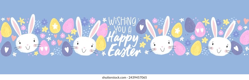 Easter concept with colourful eggs, cute bunnies and flowers. Horizontal Seamless pattern. Great for textiles, banners, wallpapers, wrapping - vector design