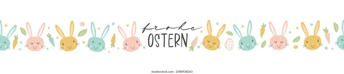Easter concept with colourful eggs, cute bunnies and flowers, text in German "Happy Easter". Seamless pattern. Great for textiles, banners, wallpapers, wrapping - vector design