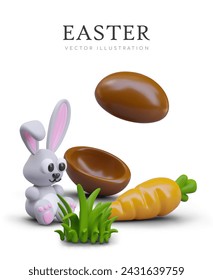 Easter concept with cute rabbit. 3D chocolate egg halves, green grass, giant carrot