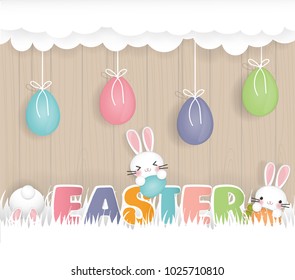 Easter concept with cute rabbits and easter eggs on a wooden wall, vector illustration.