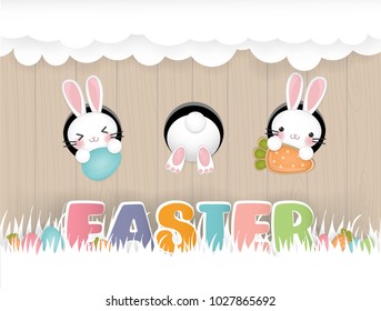 Easter concept with cute rabbits and easter eggs on a wooden wall, vector illustration.
