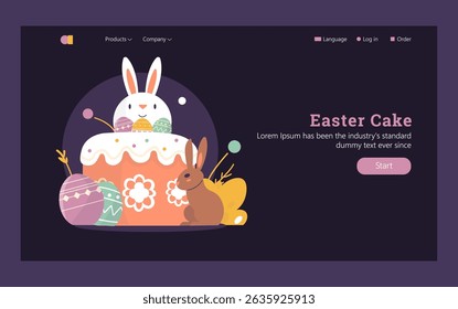 Easter concept. Cute vector illustration design for festive website banner featuring decorated cake, bunny, and eggs conveying the joyful mood and celebrations of springtime holiday.