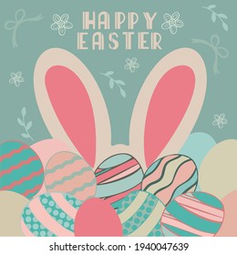 Easter concept design, Banner set with bunnies, eggs and flower crowns in pastel colors poster